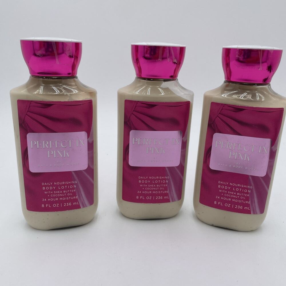 NEW Lot Of 3 BATH & BODY WORKS PERFECT IN PINK BODY LOTION 8 OZ 24 HR MOISTURE